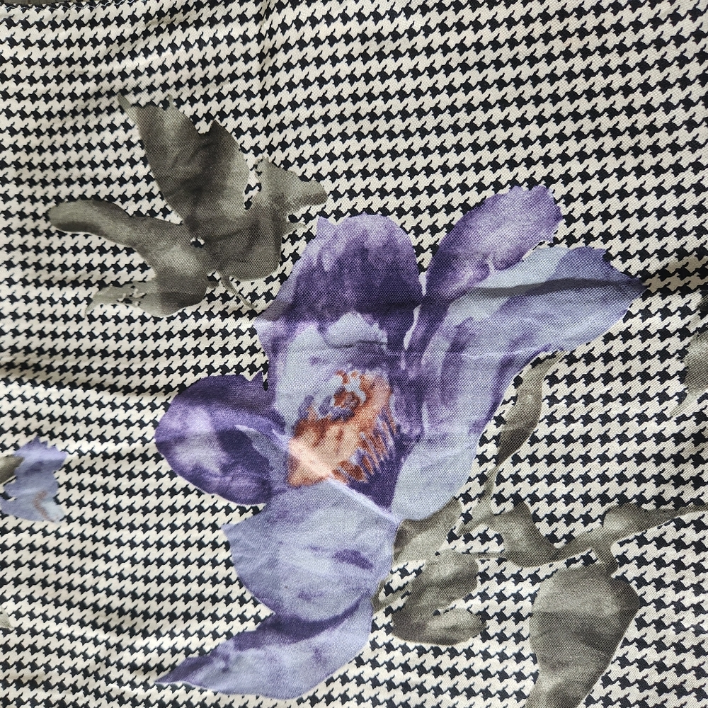 Vintage Ralph Lauren Silk Houndstooth & Floral Long Scarf Purple Flowers 12x52 - Picture 9 of 13
